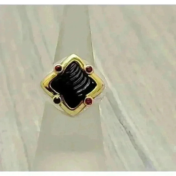 David Yurman Quatrefoil 18K Gold Sterling Silver Onyx Pink Tourmaline Ring SZ 6 - Picture 2 of 11